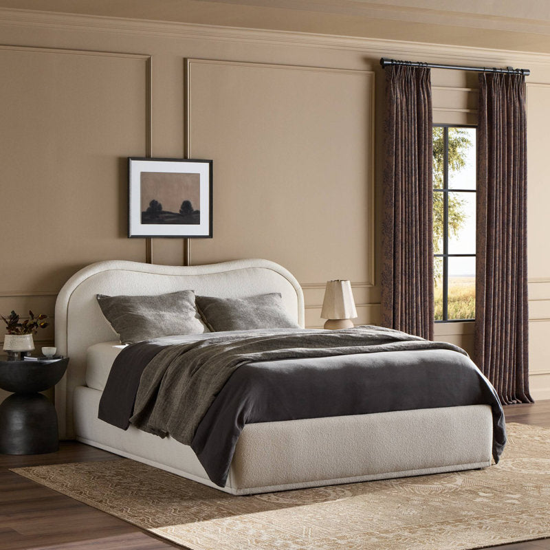 Modern cream fabric platform bed made from teak wood