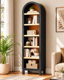 Arched teak wood bookshelf with open shelves by Sky Rise Decor
