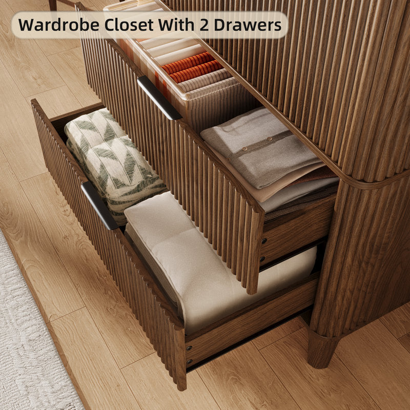 Modern teak wood wardrobe cabinet with fluted doors