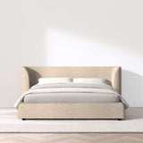 Modern beige bouclé bed frame made from solid teak wood