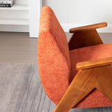 Rust upholstered lounge chair set with wooden arms