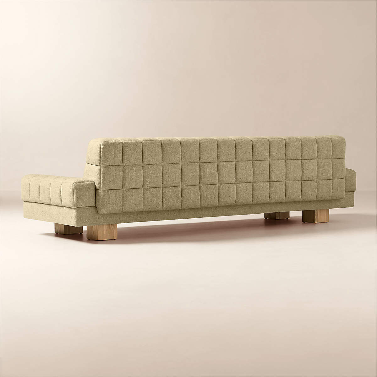 Luxury minimalist teak wood sofa in beige upholstery