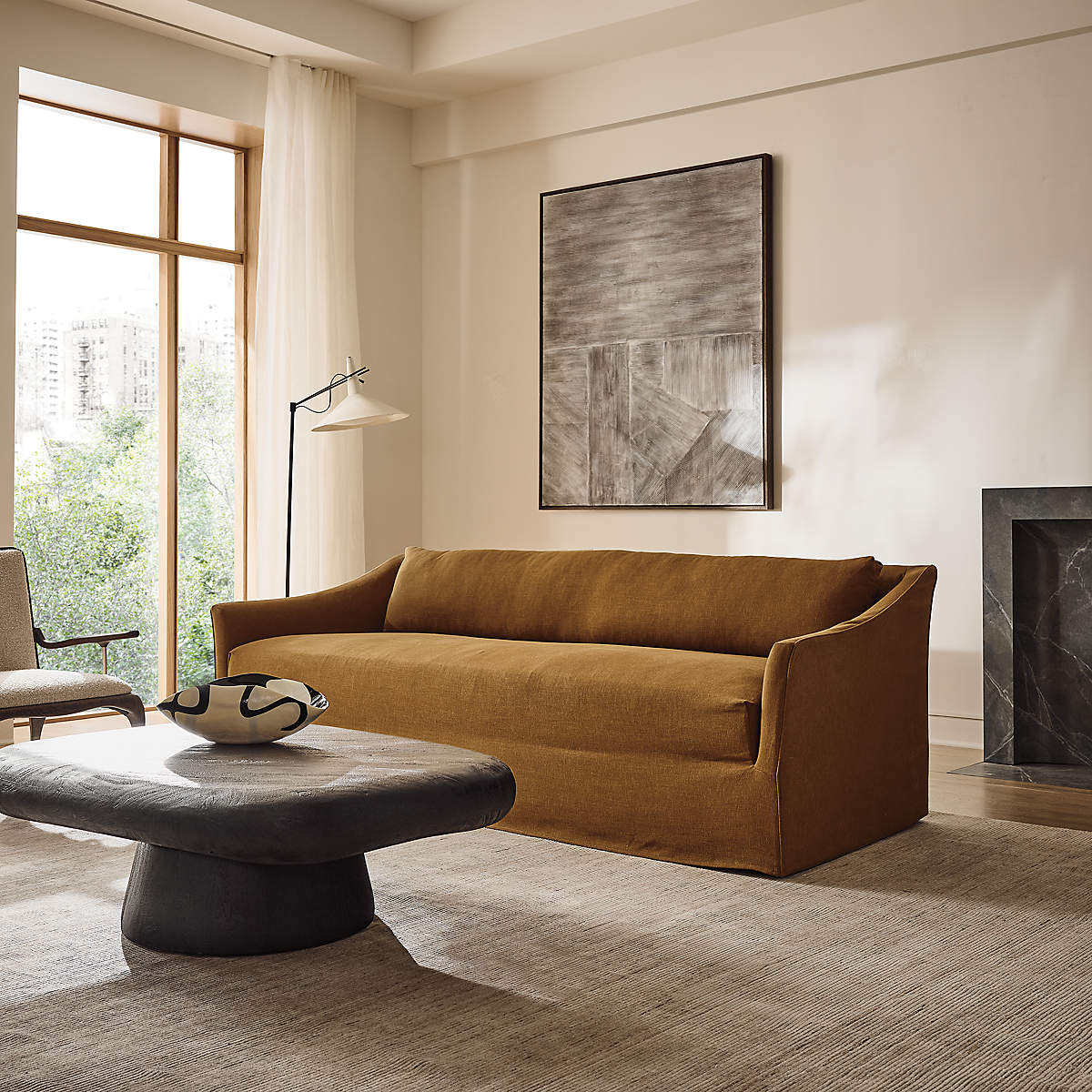 Premium three-seater upholstered teak wood couch