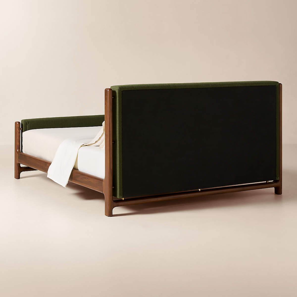 Olive green fabric bed with natural teak wood frame