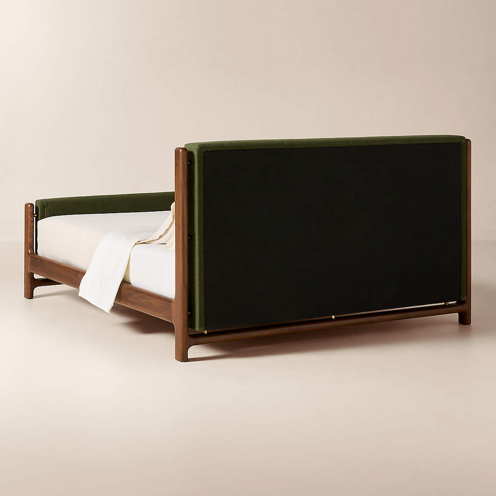 Olive green fabric bed with natural teak wood frame