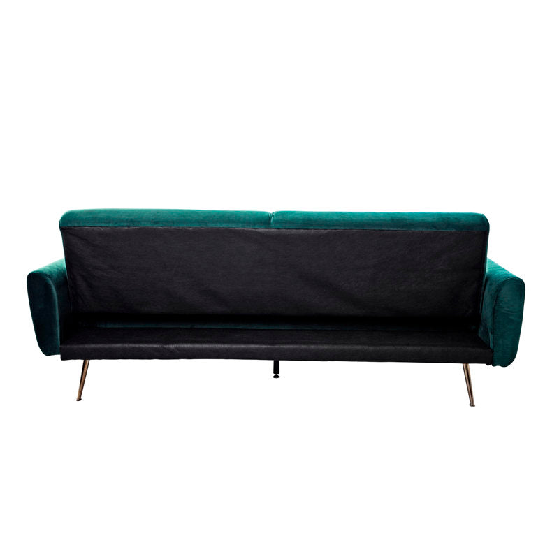 Modern luxury couch with plush velvet seating and teak wood frame