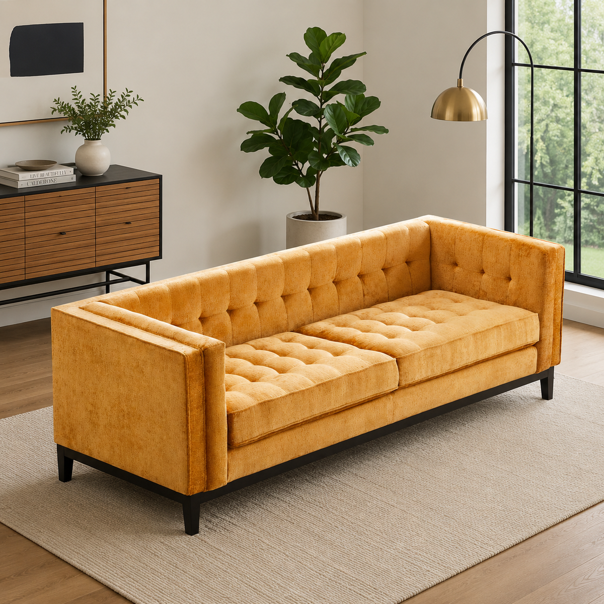 Mustard yellow tufted teak wood 3-seater sofa for modern living room