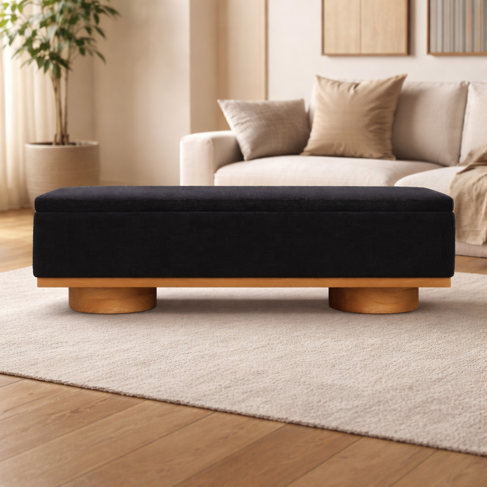 modern upholstered bench with teak wood legs