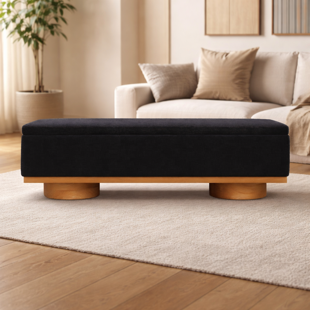 modern upholstered bench with teak wood legs
