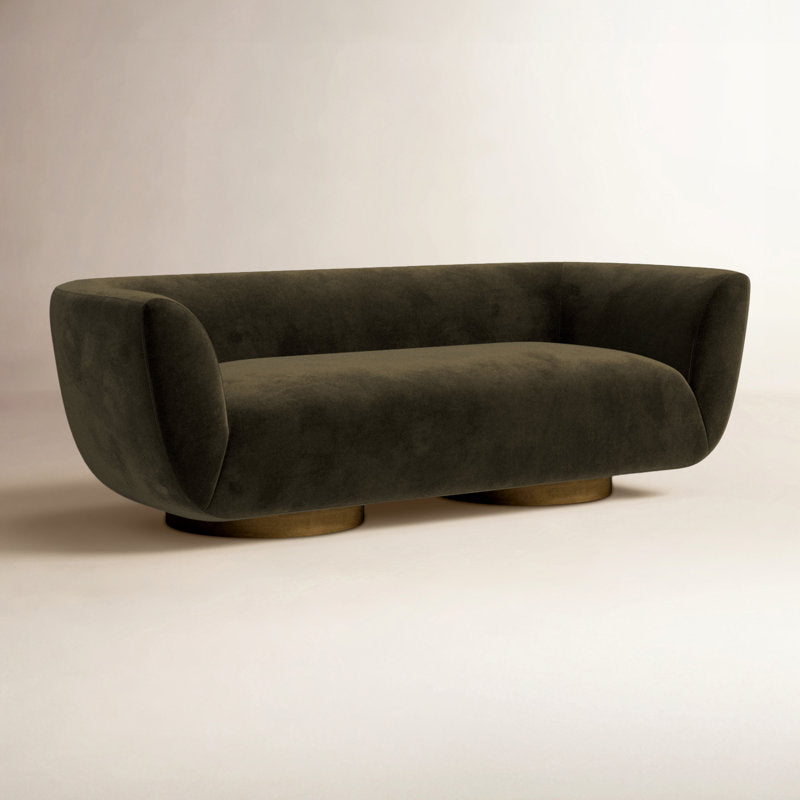 Contemporary designer sofa with curved armrests and teak wood frame