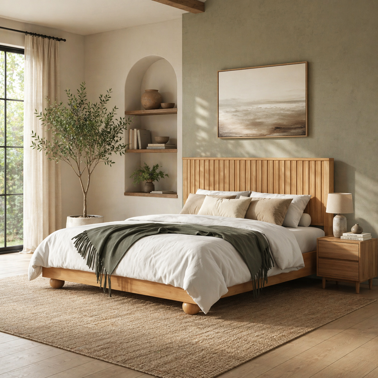 Modern wooden platform bed with slatted headboard