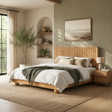Modern wooden platform bed with slatted headboard