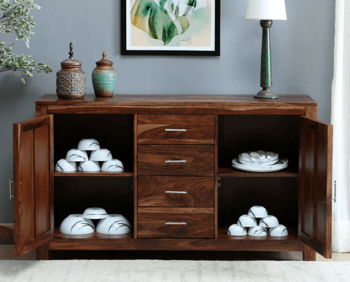 Chevron design wooden sideboard cabinet in walnut finish