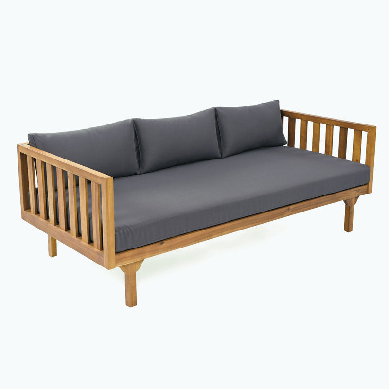 Contemporary wooden frame sofa with soft gray cushions
