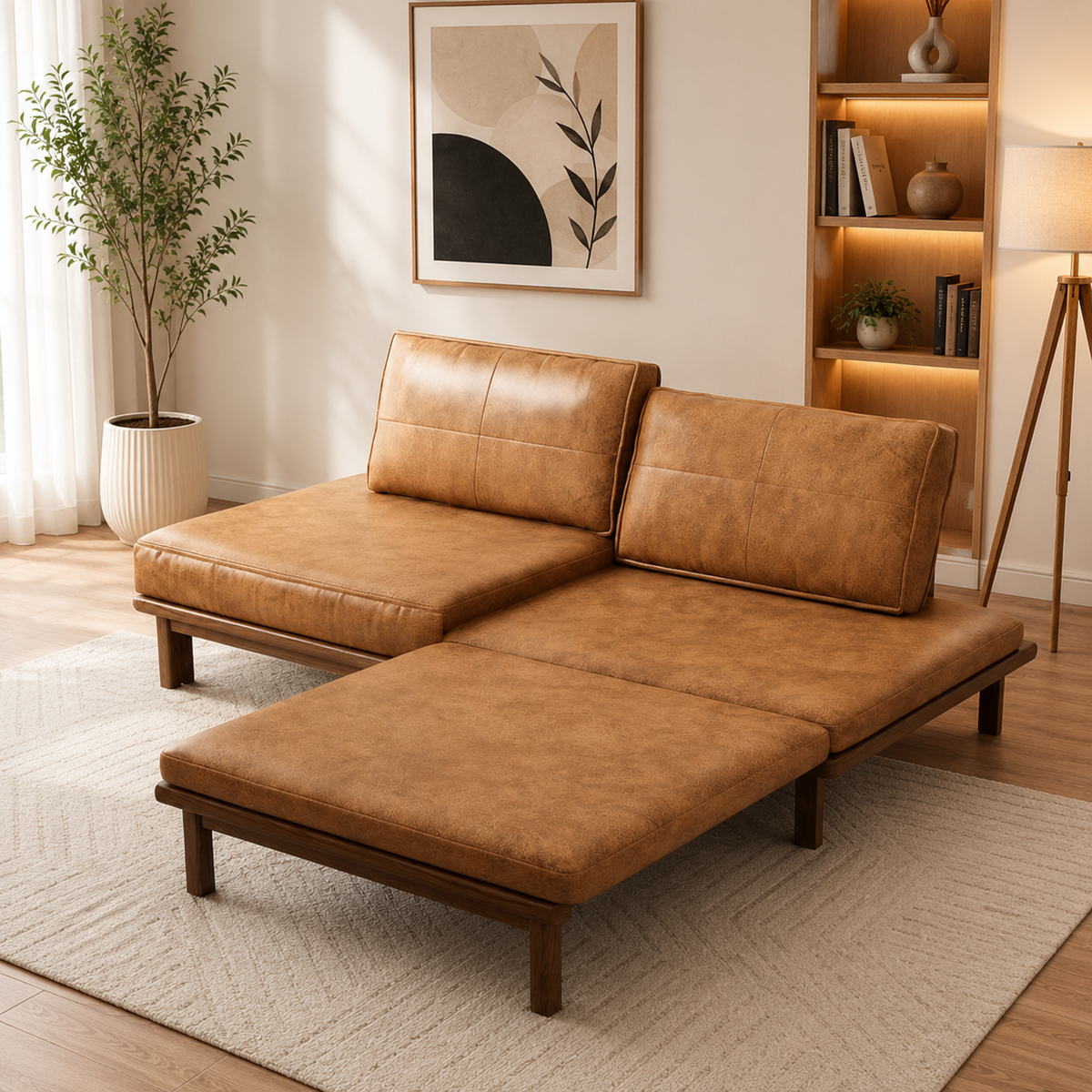Modern teak wood convertible sofa cum bed in tan brown finish