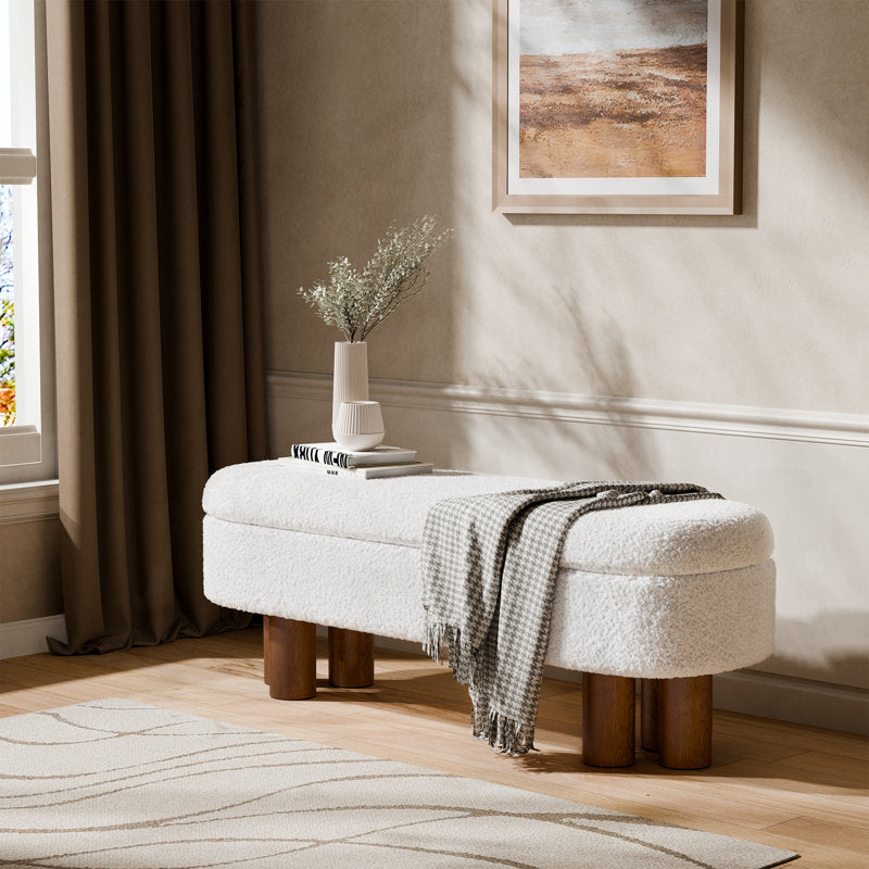 Modern end of bed bench with teak wood legs