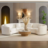 White crescent shaped teak wood sofa set for modern interiors
