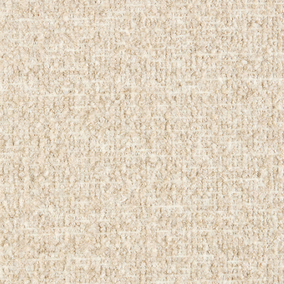 Soft bouclé upholstered teak wood platform bed