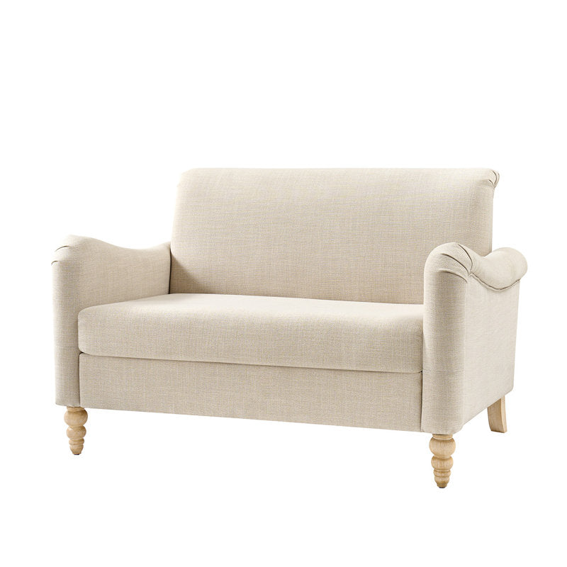 Modern cream fabric loveseat with teak wood legs
