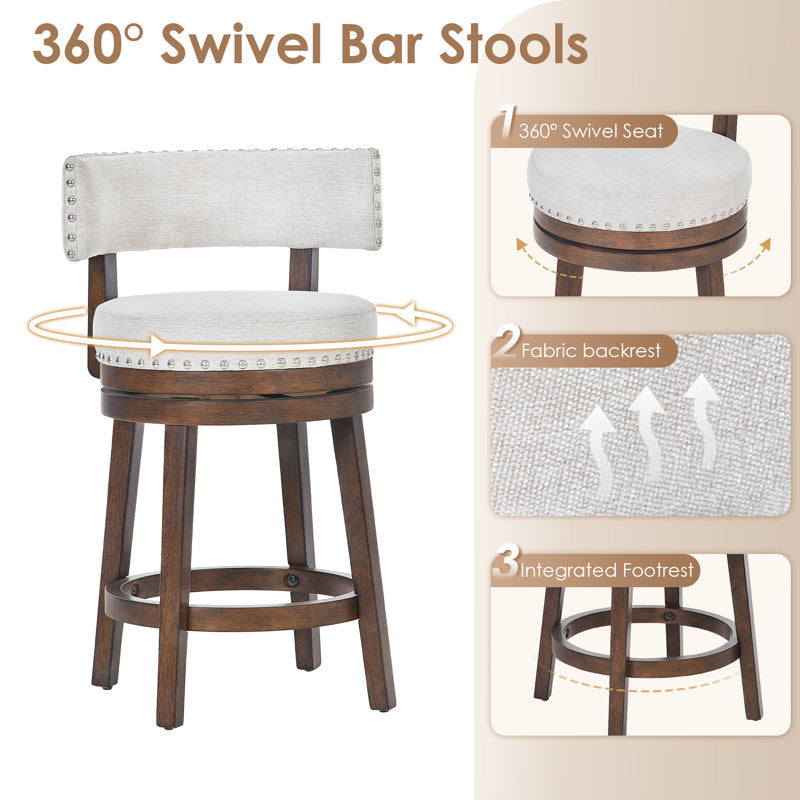 Premium teak wood swivel stools with nailhead trim and metal footrest ring