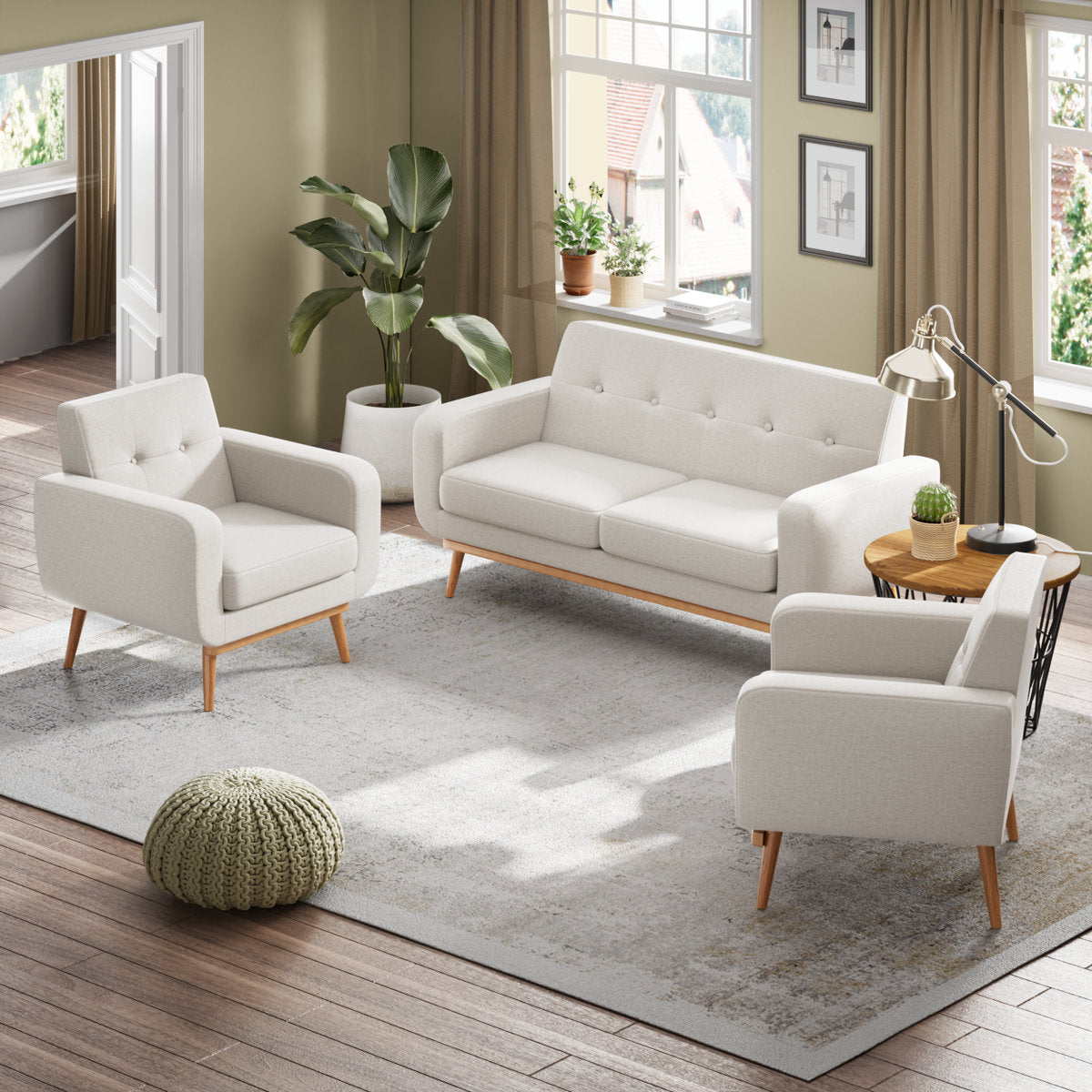 Solid teak wood 3 seater sofa with matching armchairs