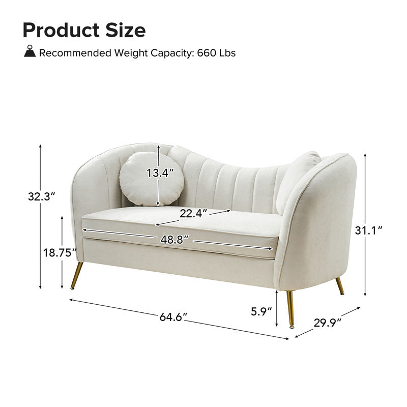Contemporary cream loveseat with curved back and gold metal legs