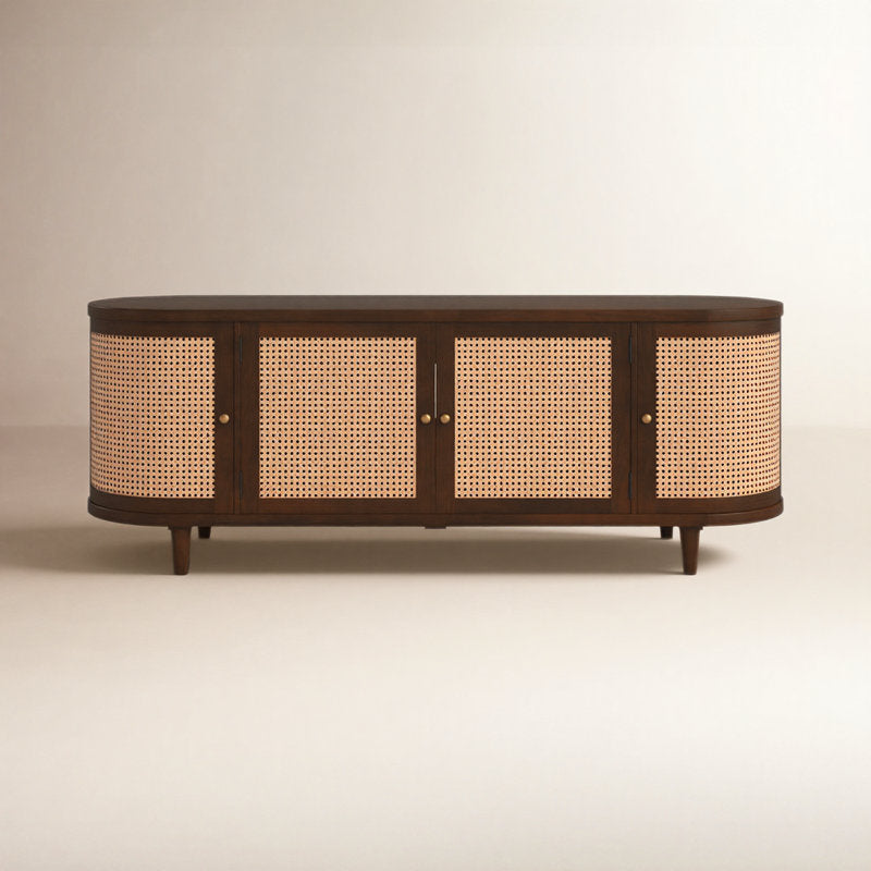 Walnut finish teak wood sideboard with natural cane panels