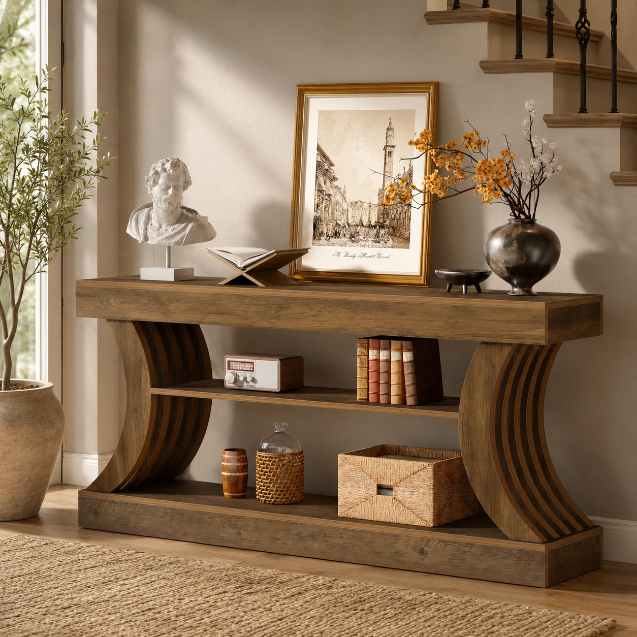 Modern teak wood console table with curved base design