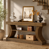 Modern teak wood console table with curved base design