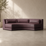 Luxury curved teak wood sofa with premium burgundy upholstery for modern living room