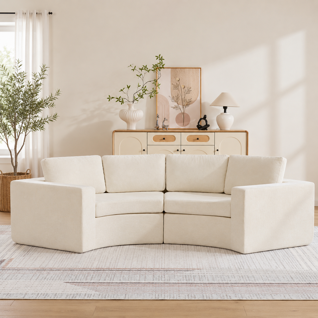 Modern curved teak wood sofa in cream upholstery