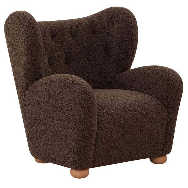 Plush brown accent chair with solid teak wood frame
