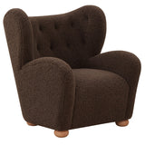 Plush brown accent chair with solid teak wood frame

