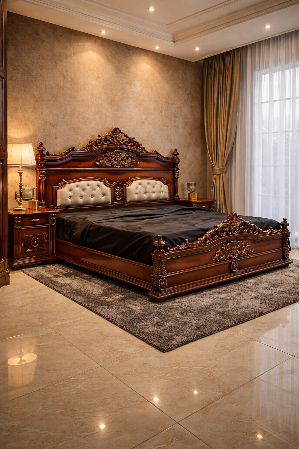 Luxury dark walnut carved king size bed with side tables
