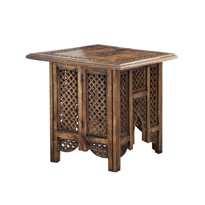 Hand-carved wooden side table with intricate detailing