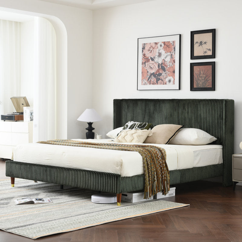 modern king size bed with vertical tufting
