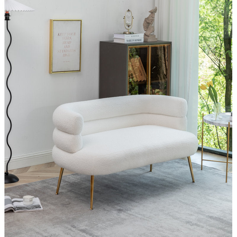 Modern white 2-seater loveseat in bouclé fabric with teak wood base