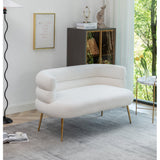 Modern white 2-seater loveseat in bouclé fabric with teak wood base