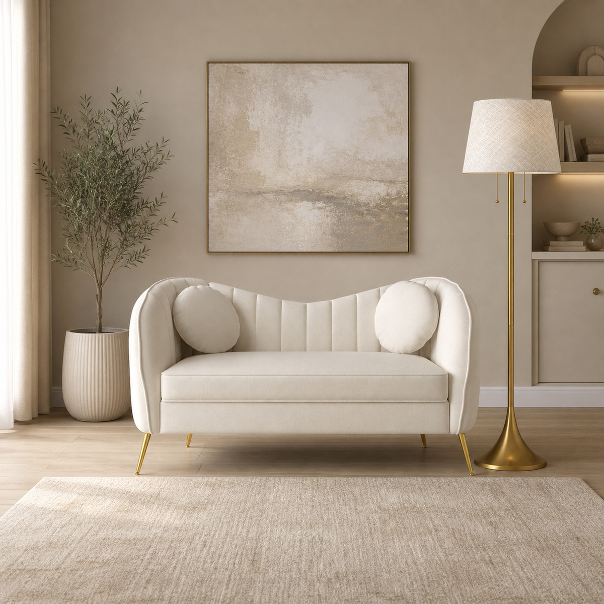 Modern cream loveseat sofa with teak wood frame and gold legs