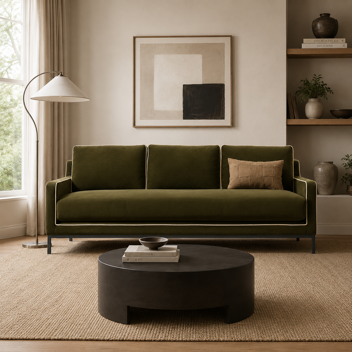 Luxury olive green velvet sofa with solid teak wood frame