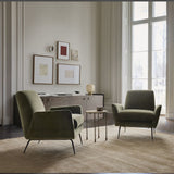 Luxury upholstered teak wood armchair with metal legs