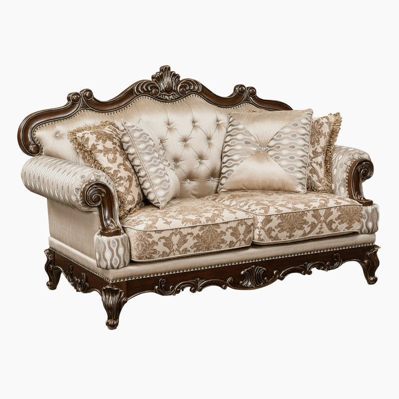 Premium beige upholstered loveseat sofa with carved teak wood frame