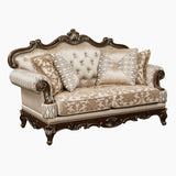 Premium beige upholstered loveseat sofa with carved teak wood frame
