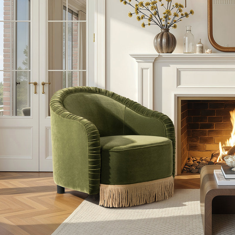 Premium teak wood barrel accent chair in olive green