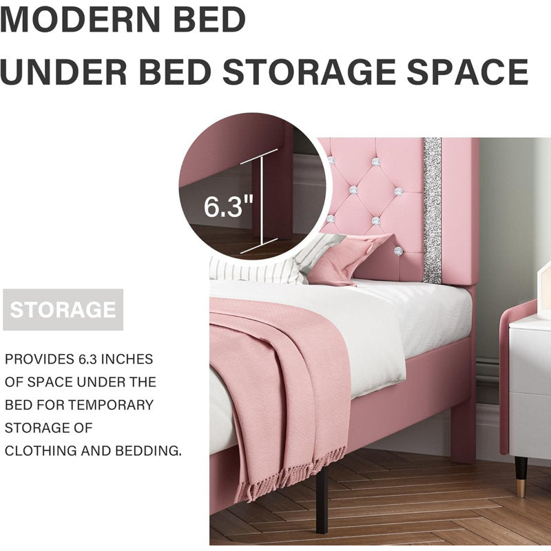 Designer pink bed frame with tufted headboard