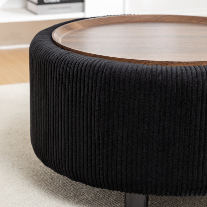 Premium teak wood coffee table with fabric upholstered base
