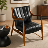 Luxury teak wood lounge chair with black upholstered seat