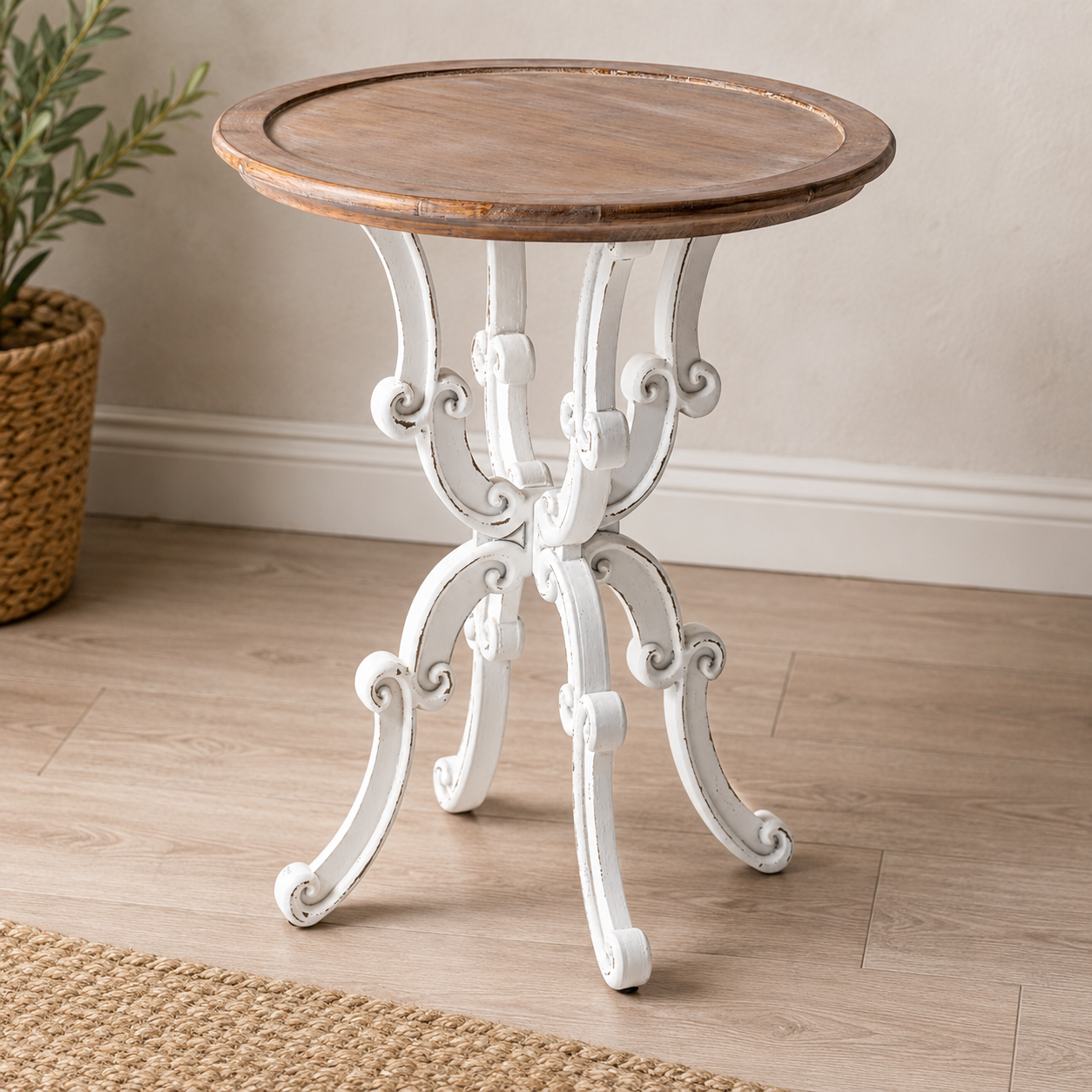 Handcrafted teak wood round accent side table with carved white base