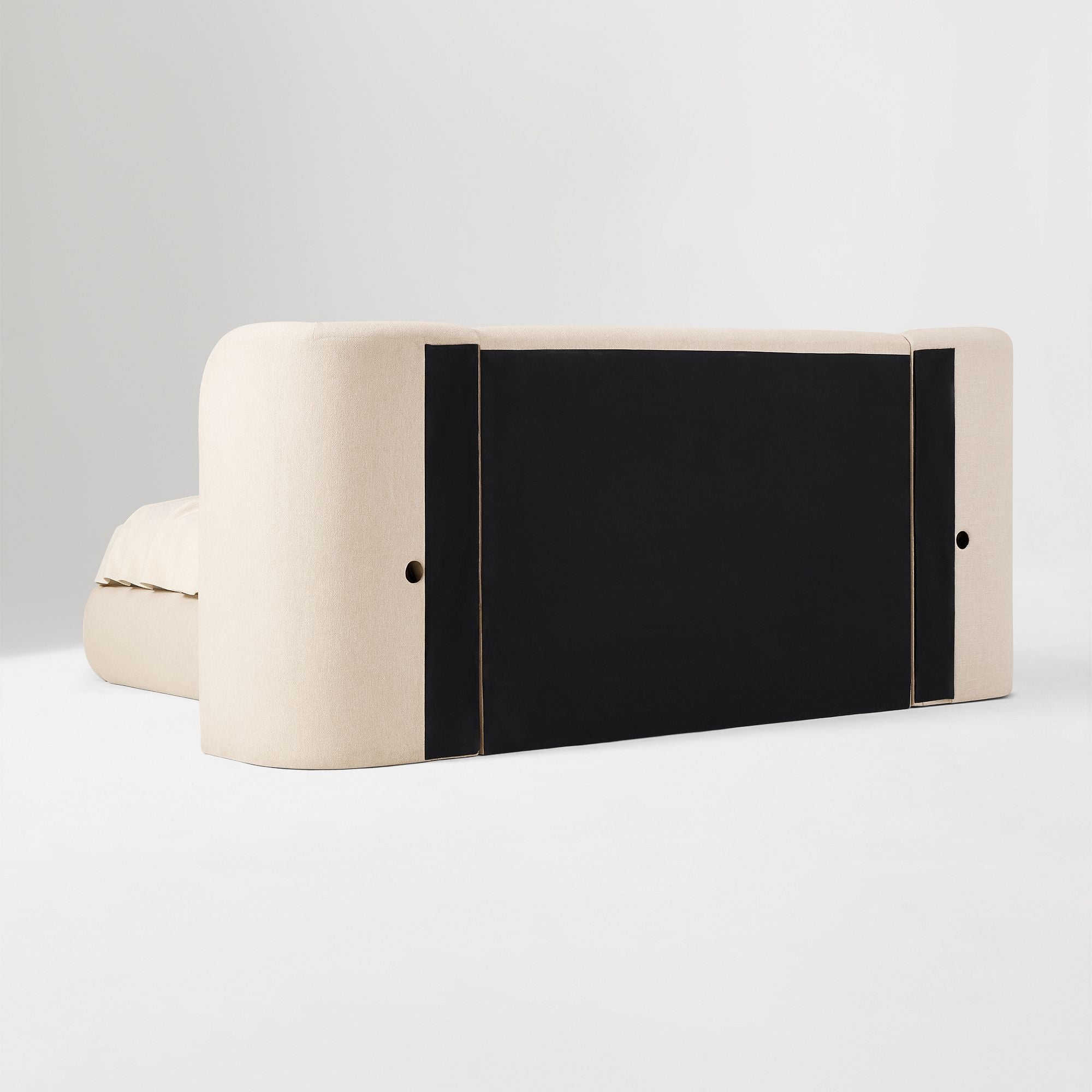Stylish cream fabric bed with teak wood frame