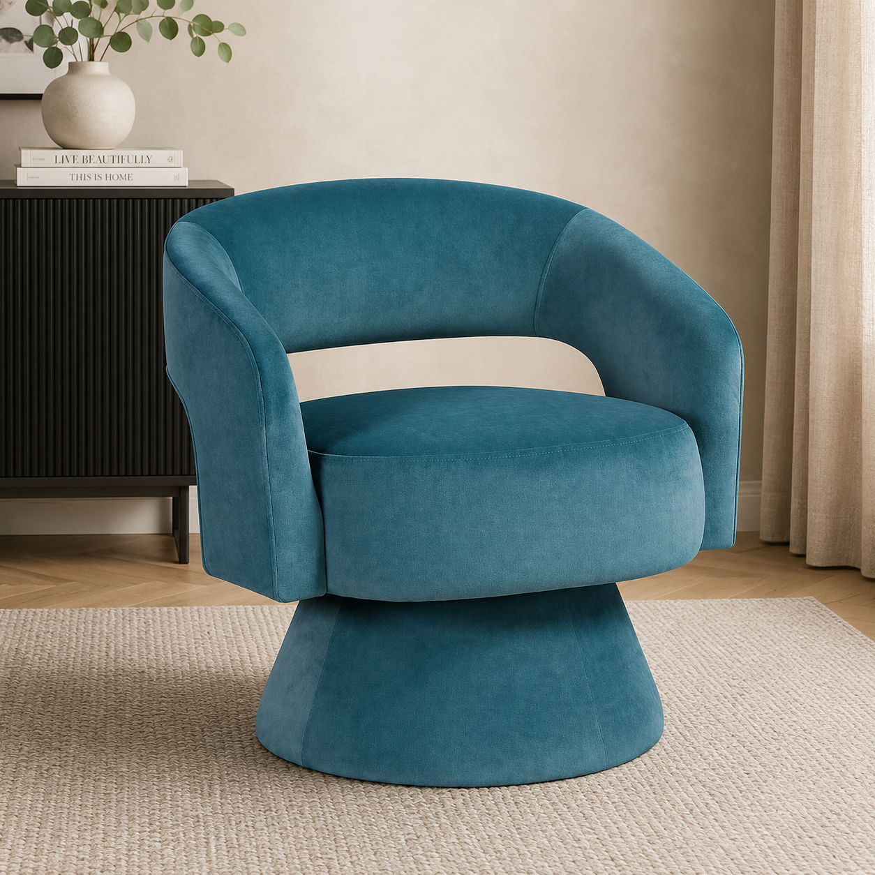 Luxury teal blue teak wood swivel accent chair